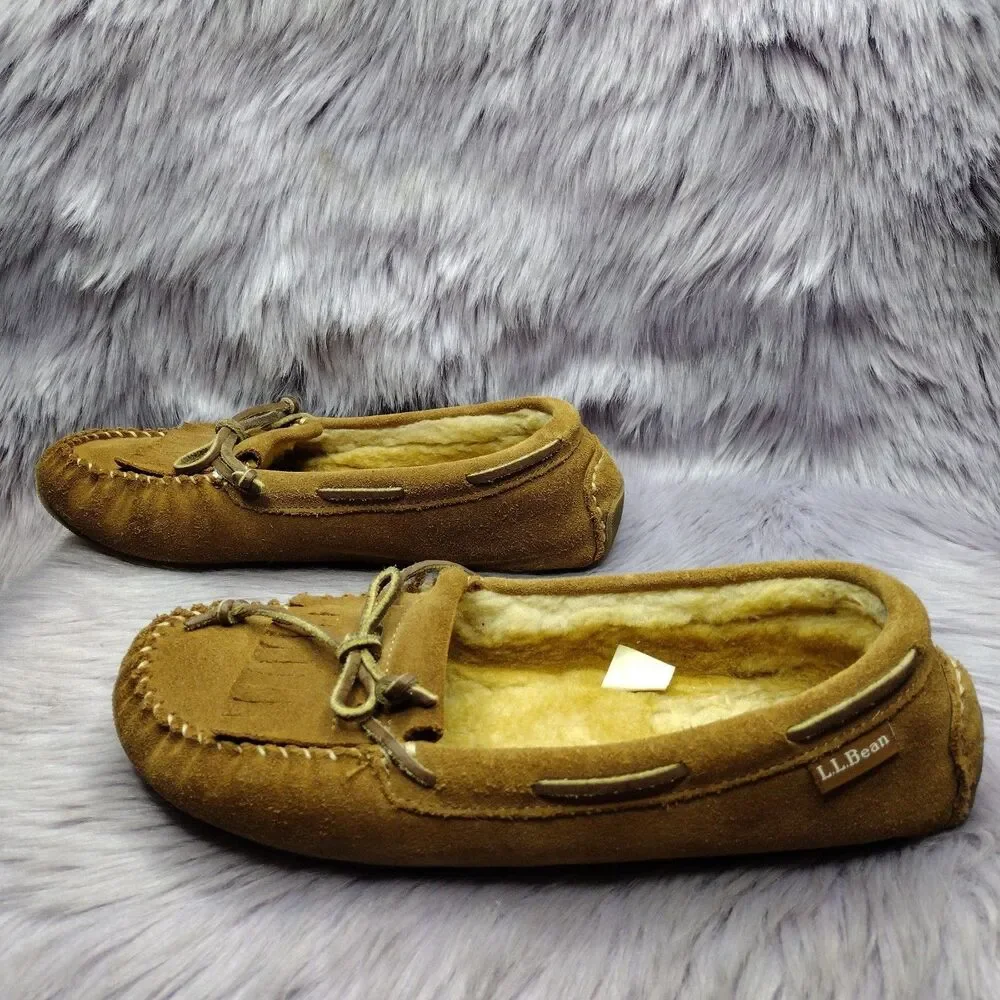 LL Bean Tan Suede Shearling Lined Moccasin Slippers Womens Size 8 293108 #1 - Picture 2 of 6